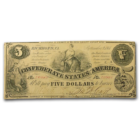 1861 CSA $5.00 (T-36) Ceres on Cotton AU 1861 CSA $5.00 (T-36) Ceres on Cotton AU